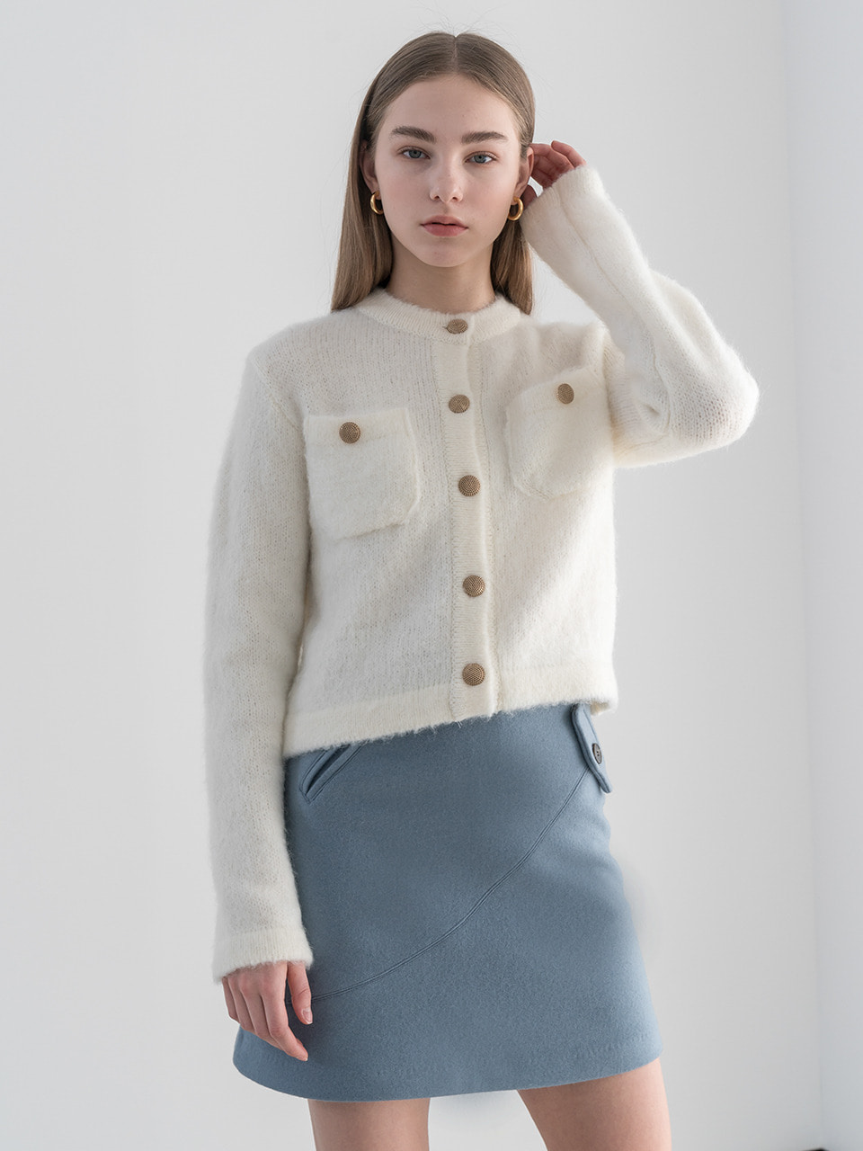 Brushed mohair wool cardigan in ivory