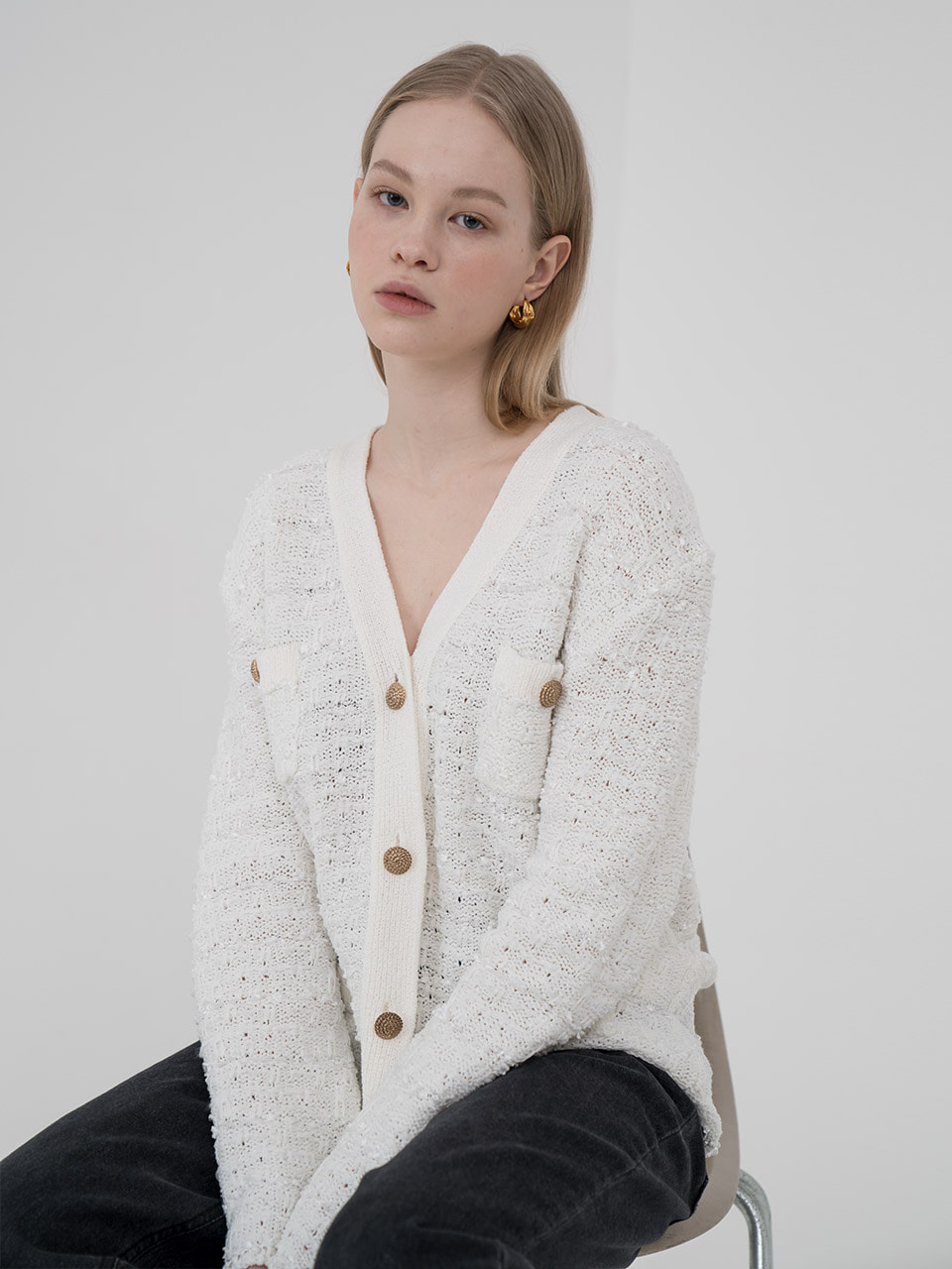 Shiny ivory wool blend cardigan
