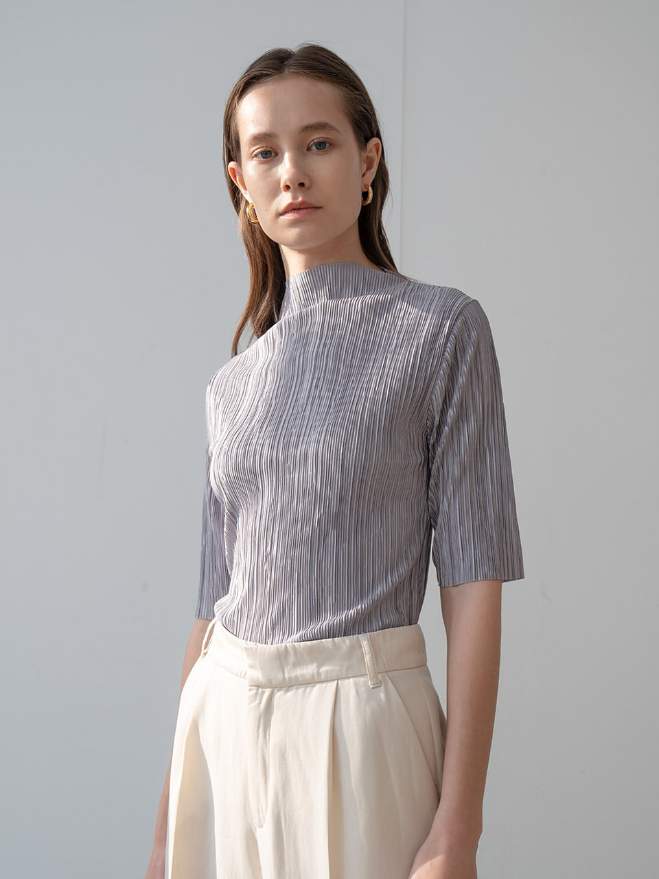 [LAST 2장] New multi pleated mockneck blouse in grey