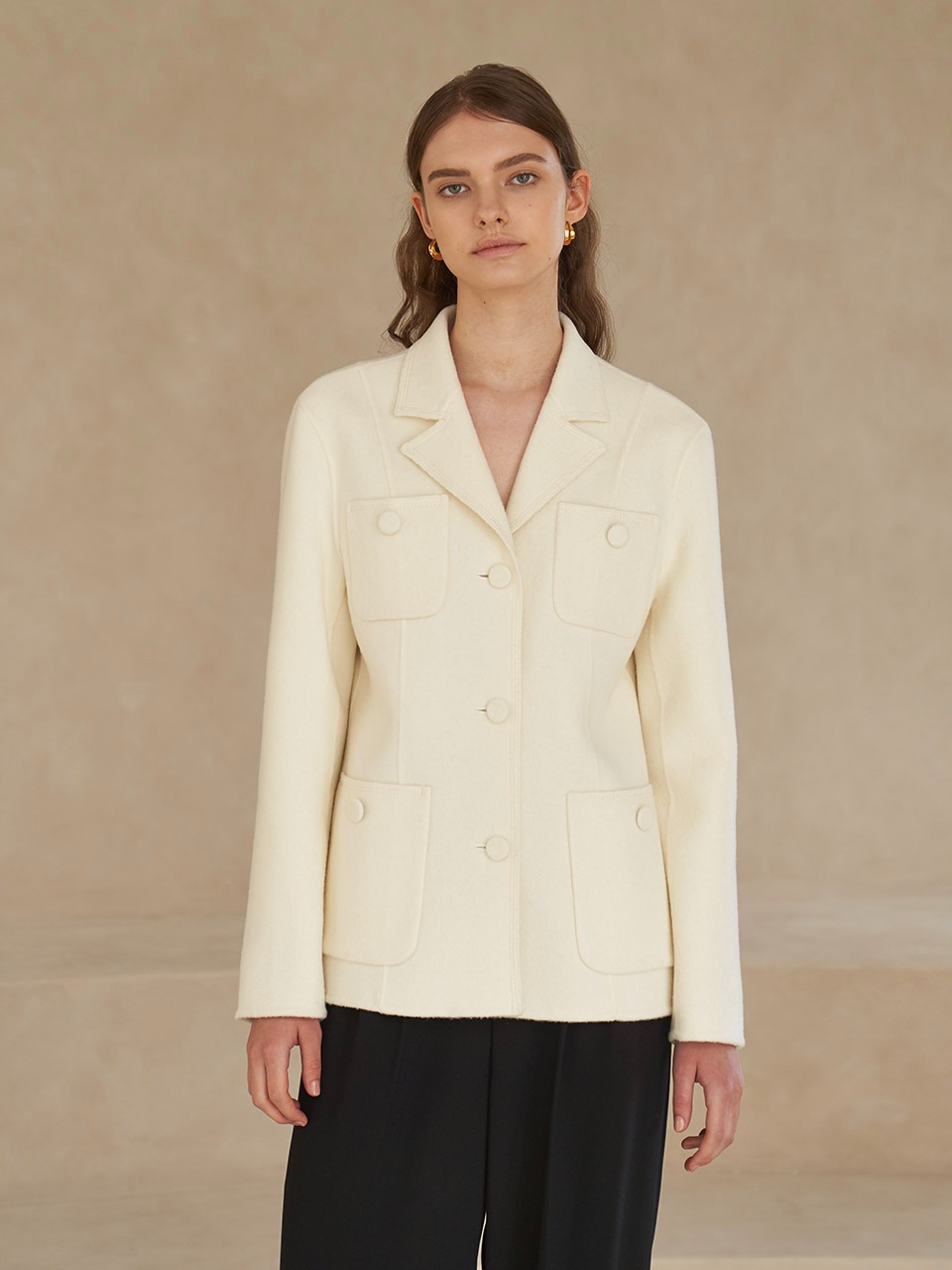 Premium handmade wool stitched collar short coat in ivory