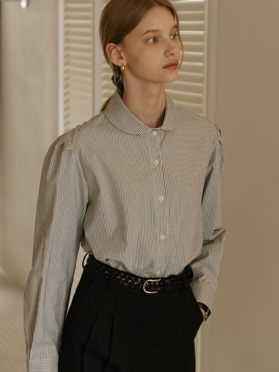 [4차]Round collar neck stripe shirt_Navy