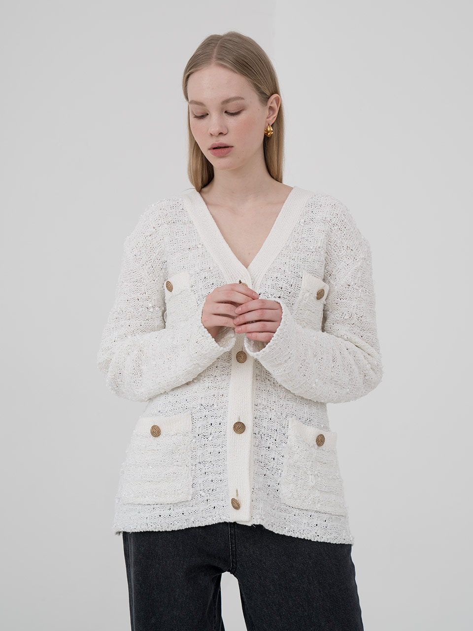 Shiny ivory wool blend cardigan