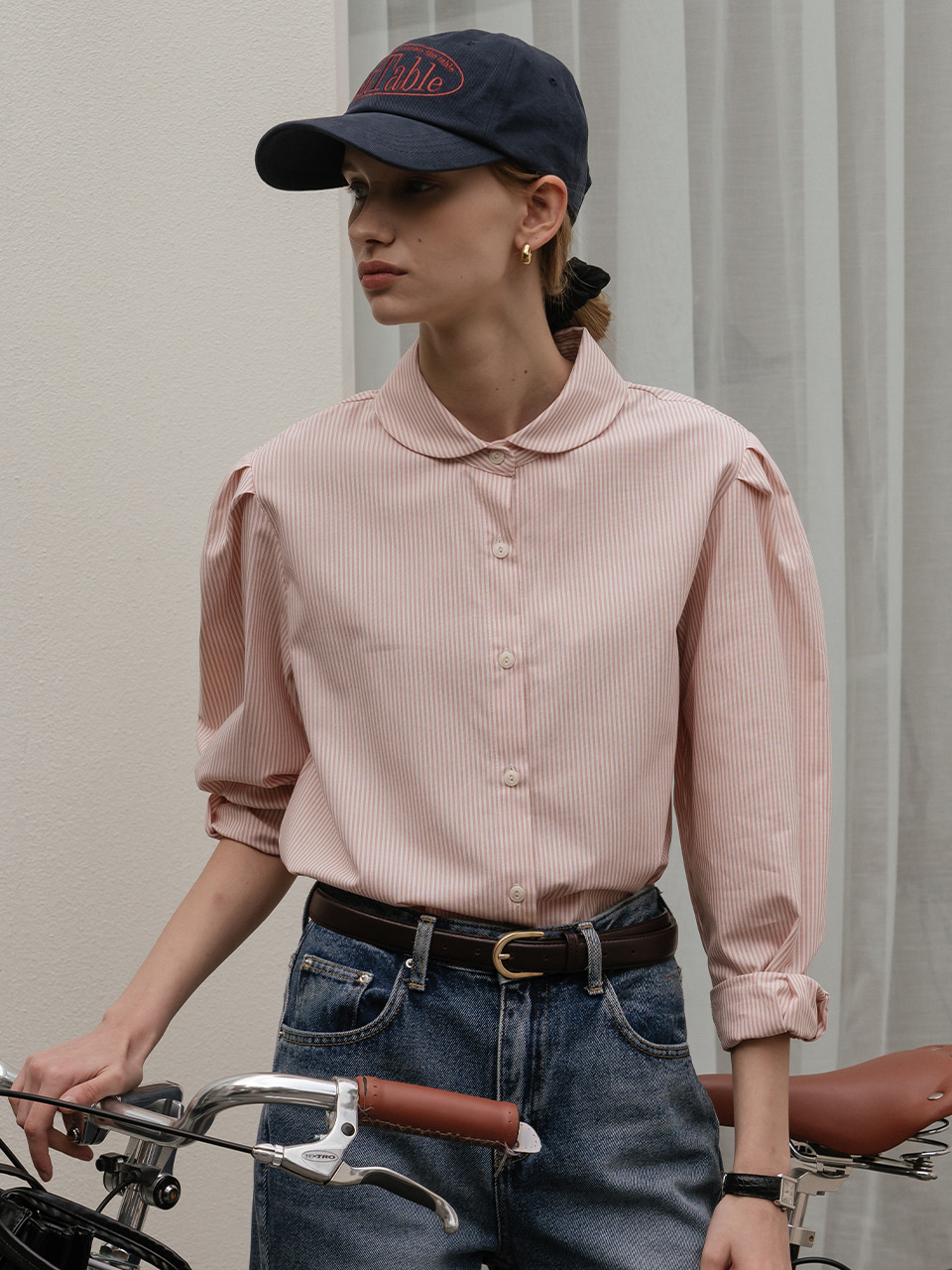 [5차]Round collar neck stripe shirt_Pink
